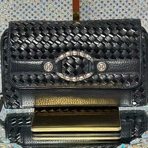 Brighton Woven Leather Crossbody Bag - Black Approx. 8.5 x 5.5